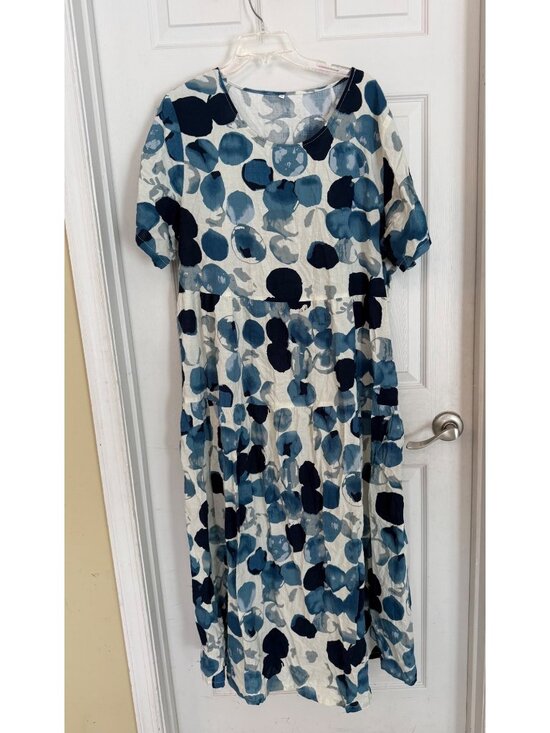Dresses & Skirts - Watercolor Circle Blue & White Scoop Neck Short Sleeve Maxi Dress 2XL Casual